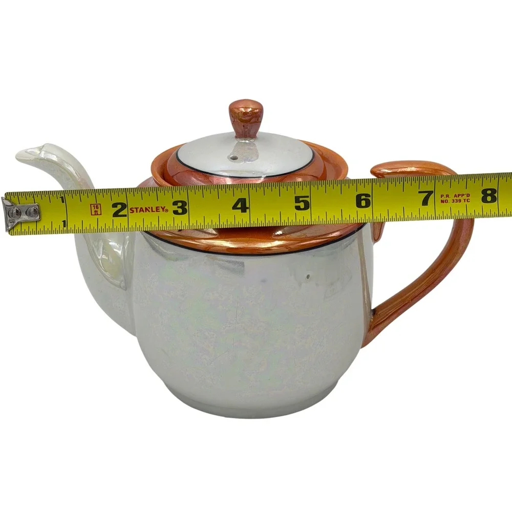 Vtg Made in Japan Iridescent Lusterware Teapot Orange‎ White Black Porcelain Lid